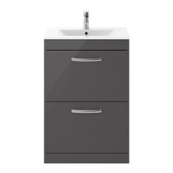Nuie Athena 600mm 2 Drawer Floor Standing Cabinet & Minimalist Basin - Gloss Grey