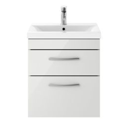 Nuie Athena 500mm 2 Drawer Wall Hung Cabinet & Mid-Edge Basin - Gloss Grey Mist