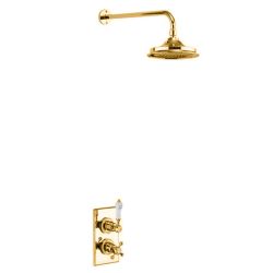 Burlington Trent Single Outlet Thermostatic Shower Mixer with 9 Inch Chrome Fixed Head - Gold / White