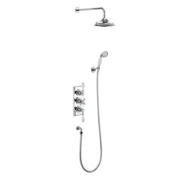 Burlington Trent Two Outlet Thermostatic Shower Mixer with Handset & 9 Inch Fixed Head - Chrome / White