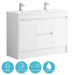 Eternia Adelaide Waterproof 1200mm Freestanding Basin Unit With Double Basin - White