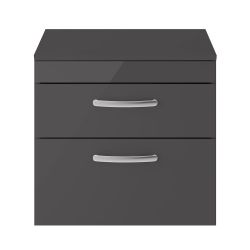 Nuie Athena 600mm 2 Drawer Wall Hung Cabinet & Worktop - Gloss Grey