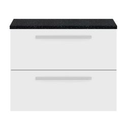 Hudson Reed Quartet 720mm 2 Drawer Wall Hung Cabinet & Sparkling Black Worktop - Gloss White