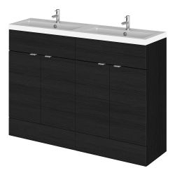 Hudson Reed Fusion Floor Standing 4 Door 1200mm Vanity Unit & Twin Basins - Charcoal Black Woodgrain