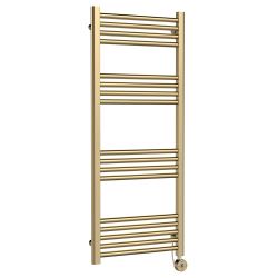 Hudson Reed Electric Round Straight Towel Radiator 500mm x 1200mm - Brushed Brass
