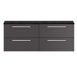 Hudson Reed Quartet 1440mm Double Wall Hung Cabinet & Sparkling Black Worktop - Gloss Grey