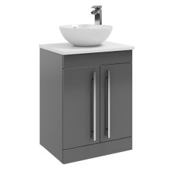Kartell Purity 600mm Freestanding 2 Door Vanity Unit with Ceramic Worktop & Bowl - Storm Grey Gloss