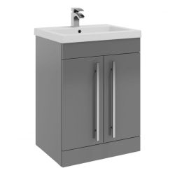 Kartell Purity 600mm Freestanding 2 Door Vanity Unit & Mid Depth Basin - Storm Grey Gloss