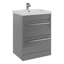 Kartell Purity 600mm Freestanding 2 Drawer Vanity Unit & Mid Depth Basin - Storm Grey Gloss
