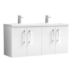 Nuie Arno 1200mm Wall Hung 4 Door Vanity Unit & Polymarble Basin - Gloss White