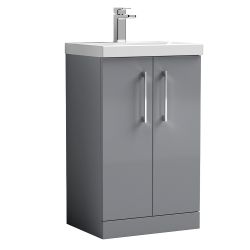 Nuie Arno 500mm 2 Door Freestanding Vanity Unit & Thin Edge Basin - Gloss Mid Grey 