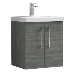 Nuie Arno 500mm 2 Door Wall Hung Vanity Unit & Curved Basin - Anthracite Woodgrain