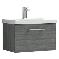 Nuie Arno 600mm 1 Drawer Wall Hung Vanity Unit & Curved Basin - Anthracite Woodgrain