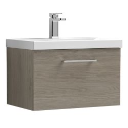 Nuie Arno 600mm 1 Drawer Wall Hung Vanity Unit & Curved Basin - Grey Vicenza Oak