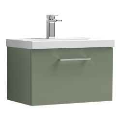 Nuie Arno 600mm 1 Drawer Wall Hung Vanity Unit & Curved Basin - Satin Green