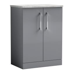 Nuie Arno 600mm 2 Door Freestanding Vanity Unit & Ballato Grey Worktop - Gloss Mid Grey