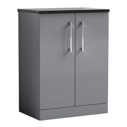 Nuie Arno 800mm 2 Door Freestanding Vanity Unit & Sparkling Black Worktop - Gloss Mid Grey