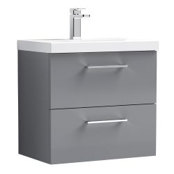 Nuie Arno 600mm 2 Drawer Wall Hung Vanity Unit & Curved Basin - Gloss Mid Grey