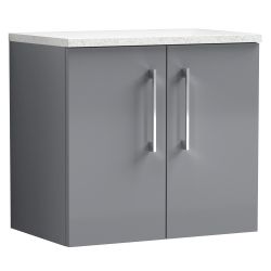 Nuie Arno 600mm Wall Hung 2 Door Vanity Unit & White Sparkle Worktop - Satin Grey