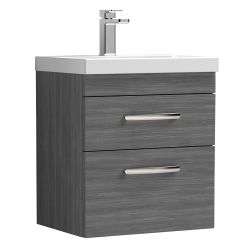 Nuie Athena 500mm 2 Drawer Wall Hung Cabinet & Curved Basin - Anthracite Woodgrain