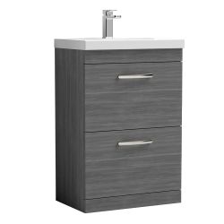 Nuie Athena 600mm 2 Drawer Floor Standing Cabinet & Thin-Edge Basin - Anthracite Woodgrain