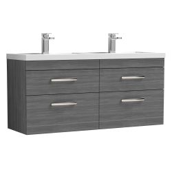 Nuie Athena 1200mm 4 Drawer Wall Hung Vanity Unit & Double Ceramic Basin - Anthracite Woodgrain