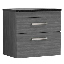 Nuie Athena 800mm 2 Drawer Wall Hung Cabinet & Sparkling Black Worktop - Anthracite Woodgrain