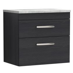 Nuie Athena 800mm 2 Drawer Wall Hung Cabinet & Grey Worktop - Charcoal Black Woodgrain