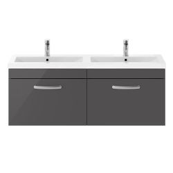Nuie Athena 1200mm 2 Drawer Wall Hung Vanity Unit & Double Ceramic Basin - Gloss Grey