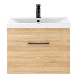 Nuie Athena 500mm 1 Drawer Wall Hung Vanity Unit With Basin & Black D Handle - Natural Oak