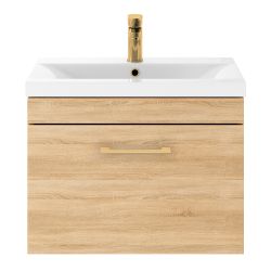 Nuie Athena 500mm 1 Drawer Wall Hung Vanity Unit With Basin & Brass D Handle - Natural Oak