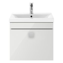 Nuie Athena 500mm 1 Drawer Wall Hung Vanity Unit With Basin & Square Knob - Gloss Grey Mist
