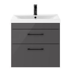 Nuie Athena 500mm 2 Drawer Wall Hung Vanity Unit With Basin & Black D Handle - Gloss Grey