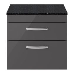 Nuie Athena 600mm 2 Drawer Wall Hung Cabinet & Sparkling Black Worktop - Gloss Grey