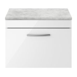 Nuie Athena 600mm Wall Hung Cabinet & Grey Worktop - Gloss White