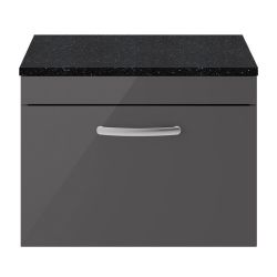 Nuie Athena 600mm Wall Hung Cabinet & Sparkling Black Worktop - Gloss Grey