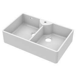 Nuie Butler Fireclay 1 Tap Hole Undermount Sink with 2 Bowl & Stepped Weir with Overflow 895mm - White