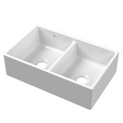Nuie Butler Fireclay 2 Bowl Undermount Sink with Stepped Weir Central Waste & Overflow 795mm - White