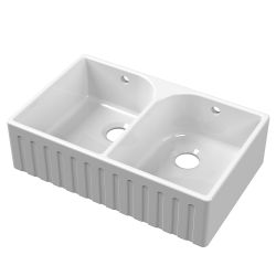 Nuie Butler Fluted Fireclay 2 Bowl Undermount Sink & Full Weir with Overflow 795mm - White