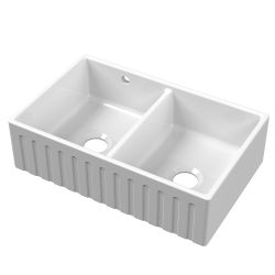Nuie Butler Fluted Fireclay 2 Bowl Undermount Sink with Stepped Weir Central Waste & Overflow 795mm - White
