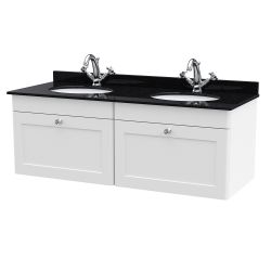 Nuie Classique 1200mm Wall Hung 2 Drawer Vanity Unit & 1TH Black Round Marble Top Basin - Satin White