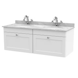 Nuie Classique 1200mm Wall Hung 2 Drawer Vanity Unit & 1TH Grey Round Marble Top Basin - Satin White