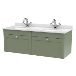 Nuie Classique 1200mm Wall Hung 2 Drawer Vanity Unit & 1TH White Round Marble Top Basin - Satin Green