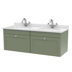 Nuie Classique 1200mm Wall Hung 2 Drawer Vanity Unit & 1TH White Square Marble Top Basin - Satin Green