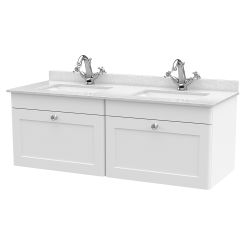 Nuie Classique 1200mm Wall Hung 2 Drawer Vanity Unit & 1TH White Square Marble Top Basin - Satin White
