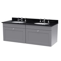 Nuie Classique 1200mm Wall Hung 2 Drawer Vanity Unit & 3TH Black Round Marble Top Basin - Satin Grey