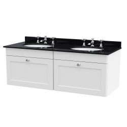 Nuie Classique 1200mm Wall Hung 2 Drawer Vanity Unit & 3TH Black Round Marble Top Basin - Satin White