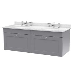 Nuie Classique 1200mm Wall Hung 2 Drawer Vanity Unit & 3TH White Round Marble Top Basin - Satin Grey