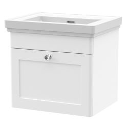 Nuie Classique 500mm Wall Hung 1 Drawer Vanity Unit & Fireclay Basin - Satin White