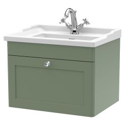 Nuie Classique 600mm Wall Hung 1 Drawer Unit & 1TH Traditional Basin - Satin Green